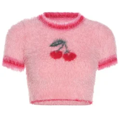Crop Tops*Boogzel Clothing Cherry Fuzzy Crop Top Pink