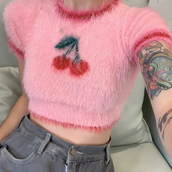 Crop Tops*Boogzel Clothing Cherry Fuzzy Crop Top Pink