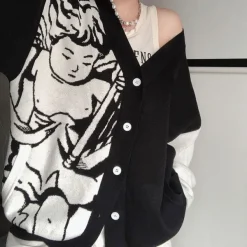 Knit Cardigans*Boogzel Clothing Cherub Aesthetic Asymmetrical Cardigan Black/white