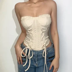 Y2K Tops|Corset Tops*Boogzel Clothing Clean Girl Aesthetic Lace Up Corset Beige