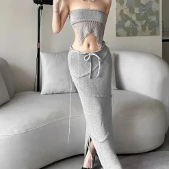 Skirts*Boogzel Clothing Coastal Knit Crochet Maxi Skirt Grey