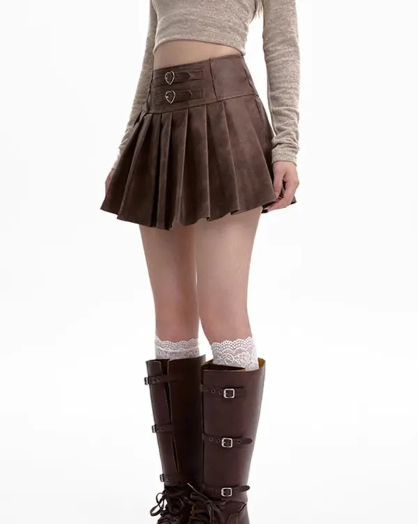 Skirts*Boogzel Clothing Coffee Cream Heart Buckle Mini Skirt Brown