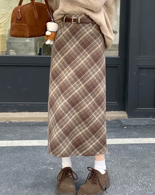 Skirts*Boogzel Clothing Coffee Cream Plaid Midi Skirt Brown