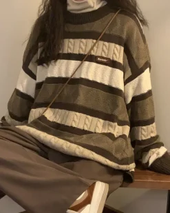 Striped Sweaters|Sweaters*Boogzel Clothing Coffee Cream Striped Oversize Sweater Brown