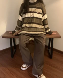 Striped Sweaters|Sweaters*Boogzel Clothing Coffee Cream Striped Oversize Sweater Brown