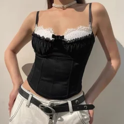 Corset Tops|Crop Tops*Boogzel Clothing Contrast Lace Ruched Bust Cami Top Black/white