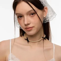Necklaces & Chokers*Boogzel Clothing Coquette Aeshetic Pearl Bow Choker White/black