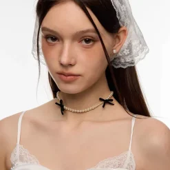 Necklaces & Chokers*Boogzel Clothing Coquette Aeshetic Pearl Bow Choker White/black