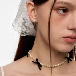 Necklaces & Chokers*Boogzel Clothing Coquette Aeshetic Pearl Bow Choker White/black