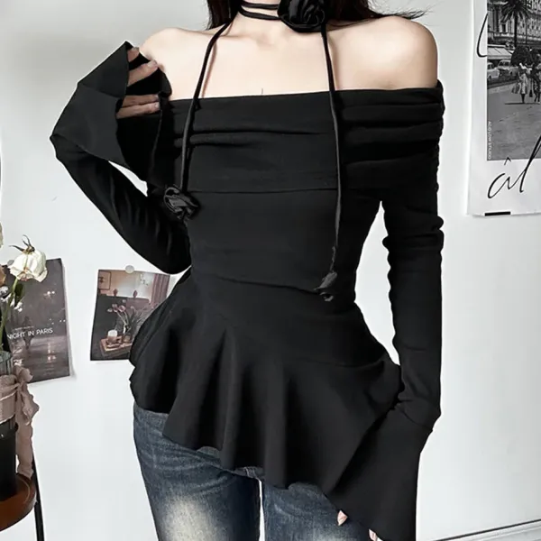 Necklaces & Chokers|Long Sleeve Tops*Boogzel Clothing Coquette Bardot Top with Rose Choker