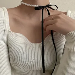 Necklaces & Chokers*Boogzel Clothing Coquette Bow Pearl Necklace White/black