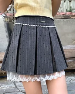 Skirts*Boogzel Clothing Coquette Lace Bow Pleated Skirt Grey