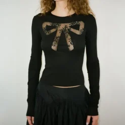 Long Sleeve Tops*Boogzel Clothing Coquette See Through Lace Bow Top