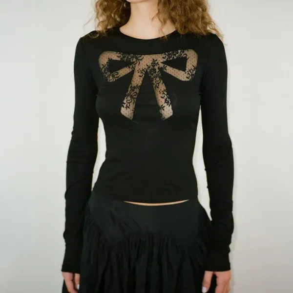 Long Sleeve Tops*Boogzel Clothing Coquette See Through Lace Bow Top