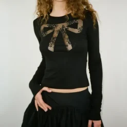 Long Sleeve Tops*Boogzel Clothing Coquette See Through Lace Bow Top