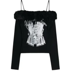 Y2K Tops|Long Sleeve Tops*Boogzel Clothing Corset Print Fur Off-Shoulder Top