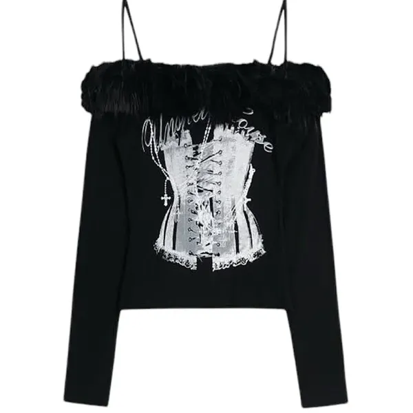 Y2K Tops|Long Sleeve Tops*Boogzel Clothing Corset Print Fur Off-Shoulder Top