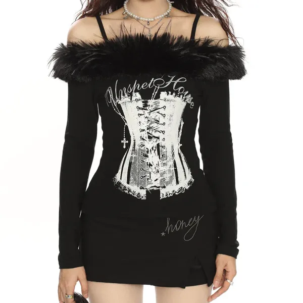 Y2K Tops|Long Sleeve Tops*Boogzel Clothing Corset Print Fur Off-Shoulder Top