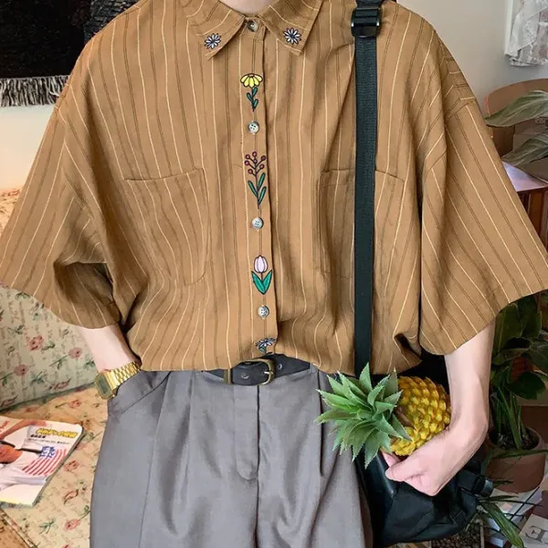 Mens*Boogzel Clothing Cottage Floral Embroidery Striped Shirt