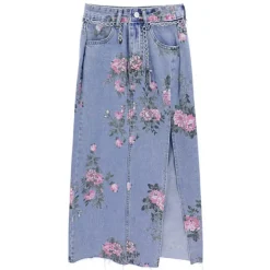 Skirts*Boogzel Clothing Cottage Floral Long Denim Skirt Blue
