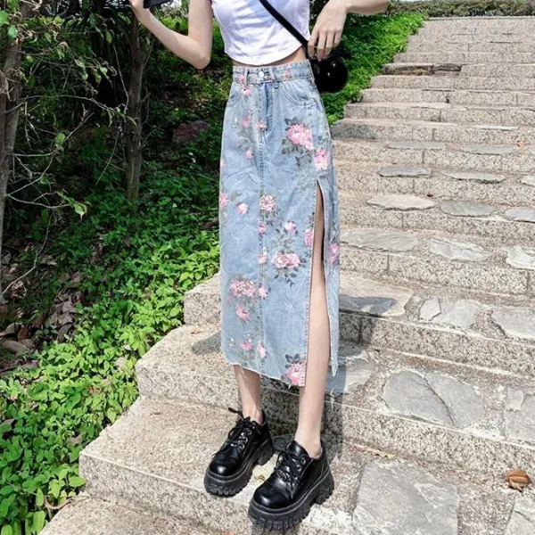Skirts*Boogzel Clothing Cottage Floral Long Denim Skirt Blue