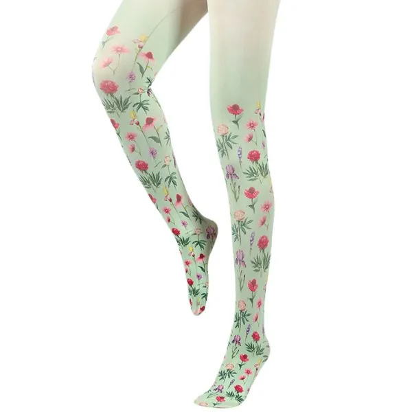 Other*Boogzel Clothing Cottagecore Aesthetic Floral Print Tights Green