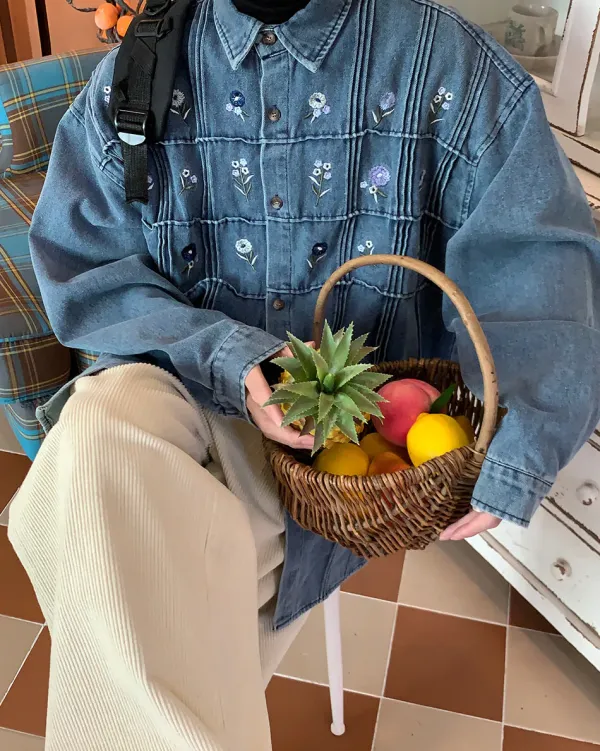 Mens|Coats & Jackets*Boogzel Clothing Cottagecore Floral Embroidery Denim Jacket Blue