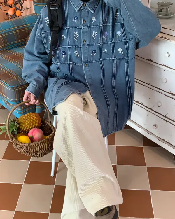 Mens|Coats & Jackets*Boogzel Clothing Cottagecore Floral Embroidery Denim Jacket Blue