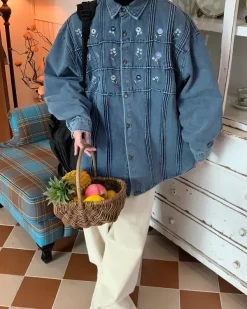 Mens|Coats & Jackets*Boogzel Clothing Cottagecore Floral Embroidery Denim Jacket Blue
