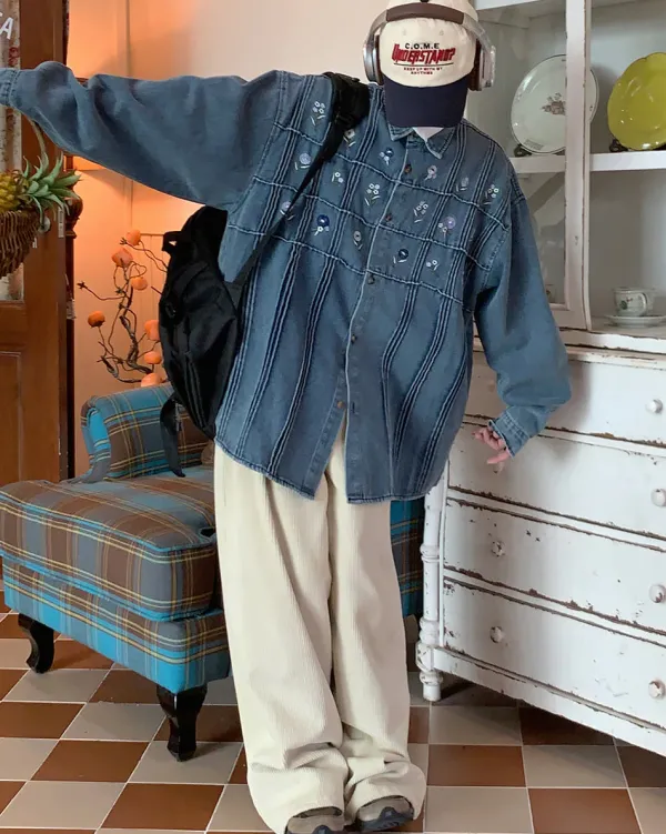 Mens|Coats & Jackets*Boogzel Clothing Cottagecore Floral Embroidery Denim Jacket Blue