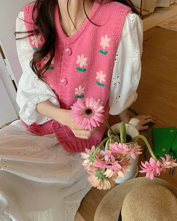 Knit Vests*Boogzel Clothing Cottagecore Floral Embroidered Knit Vest Pink