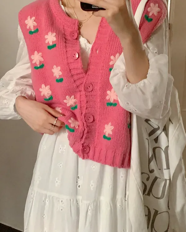 Knit Vests*Boogzel Clothing Cottagecore Floral Embroidered Knit Vest Pink