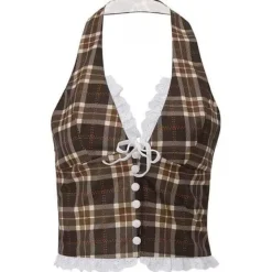 Crop Tops*Boogzel Clothing Cottagecore Plaid Halter Top Brown
