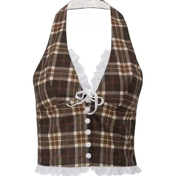 Crop Tops*Boogzel Clothing Cottagecore Plaid Halter Top Brown