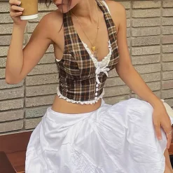 Crop Tops*Boogzel Clothing Cottagecore Plaid Halter Top Brown