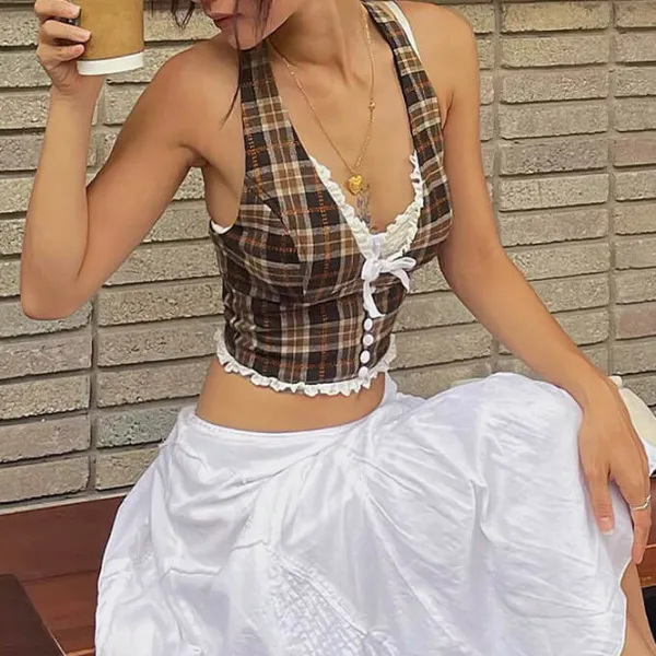 Crop Tops*Boogzel Clothing Cottagecore Plaid Halter Top Brown