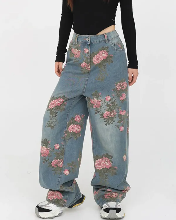 Jeans*Boogzel Clothing Cottagecore Rose Print Wide Jeans Blue