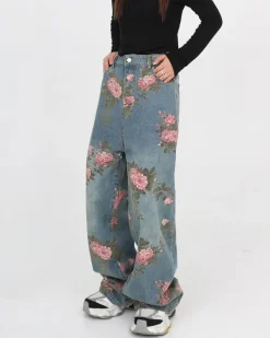 Jeans*Boogzel Clothing Cottagecore Rose Print Wide Jeans Blue