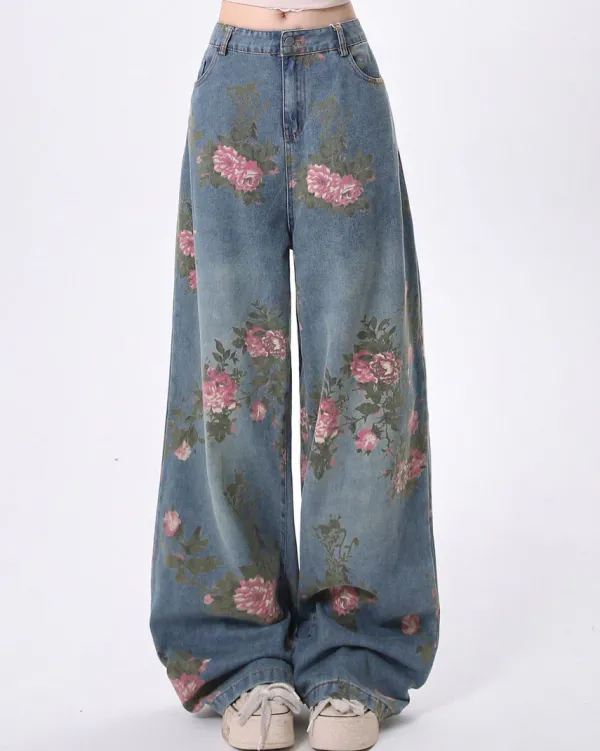 Jeans*Boogzel Clothing Cottagecore Rose Print Wide Jeans Blue