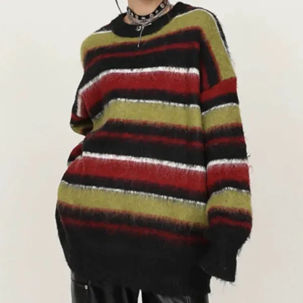Striped Sweaters|Sweaters*Boogzel Clothing Cozy Reading Striped Oversized Sweater Green/brown