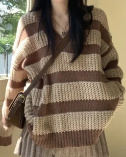 Striped Sweaters|Sweaters*Boogzel Clothing Cozy Reading Striped Sweater Brown