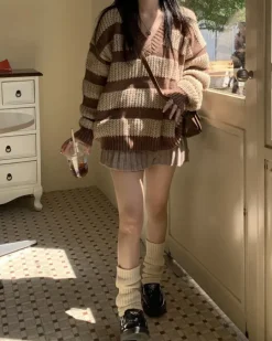 Striped Sweaters|Sweaters*Boogzel Clothing Cozy Reading Striped Sweater Brown