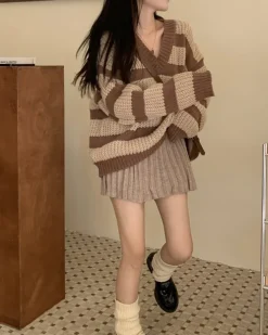Striped Sweaters|Sweaters*Boogzel Clothing Cozy Reading Striped Sweater Brown