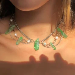 Necklaces & Chokers*Boogzel Clothing Crystal Aesthetic Layered Necklace Silver/green