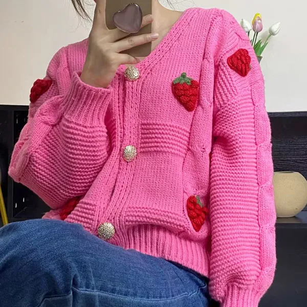Knit Cardigans*Boogzel Clothing 3D Strawberry Pattern Cardigan