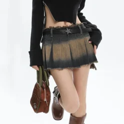 Skirts*Boogzel Clothing Denim Distressed Pleated Mini Skirt DarkGrey