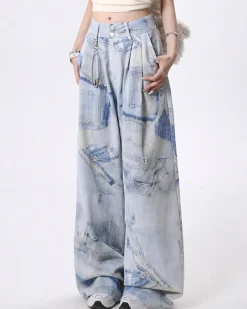 Pants & Trousers*Boogzel Clothing Denim Effect Print Trousers Blue