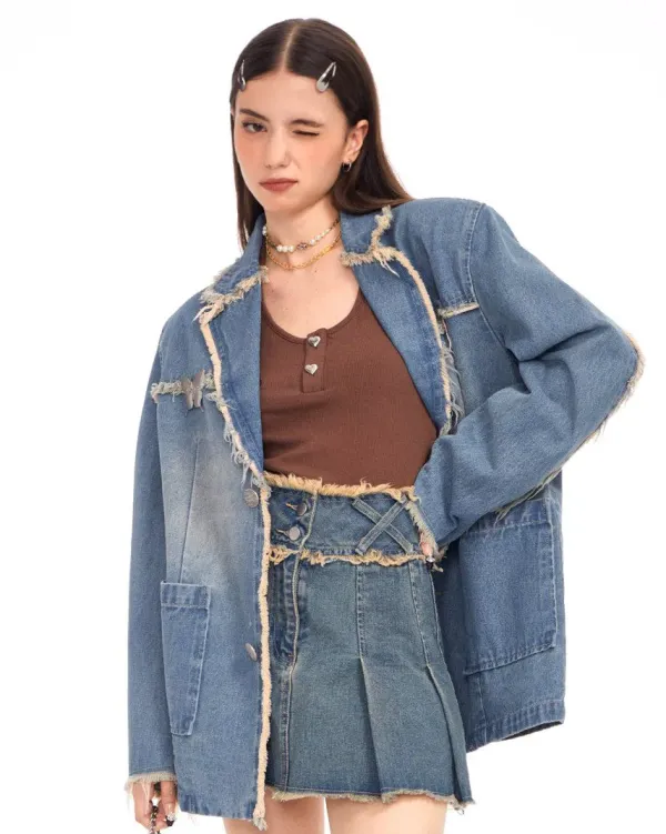 Coats & Jackets*Boogzel Clothing Distressed Denim Blazer in Blue