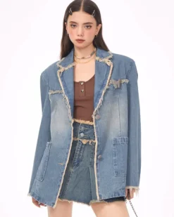 Coats & Jackets*Boogzel Clothing Distressed Denim Blazer in Blue