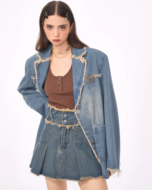 Coats & Jackets*Boogzel Clothing Distressed Denim Blazer in Blue